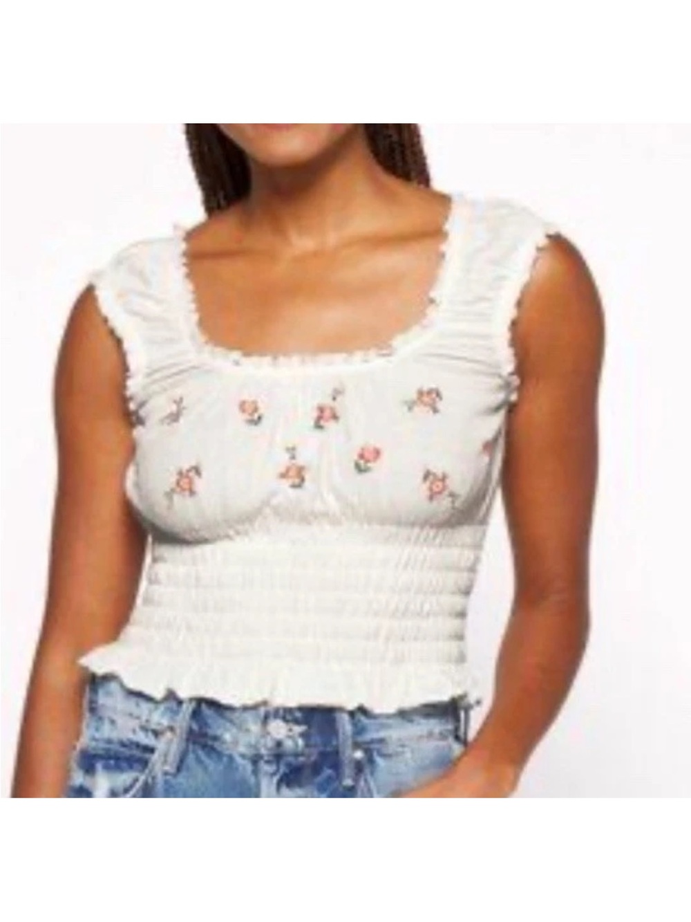 Jolt Smocked Ruffle White Floral Square-Neck Crop Top Size Medium